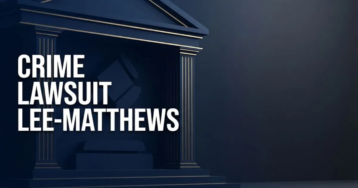 Crime lawsuit Lee-Matthews hero banner with courthouse silhouette in navy and gold tones