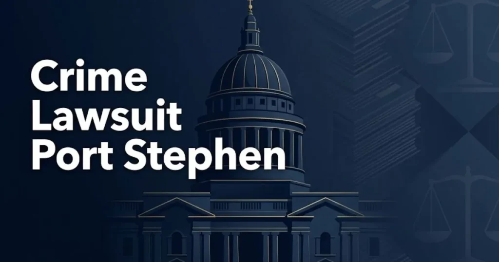 Crime lawsuit Port Stephen hero banner with Old Bailey silhouette in navy and gold editorial design
