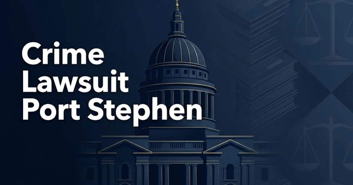 Crime lawsuit Port Stephen hero banner with Old Bailey silhouette in navy and gold editorial design