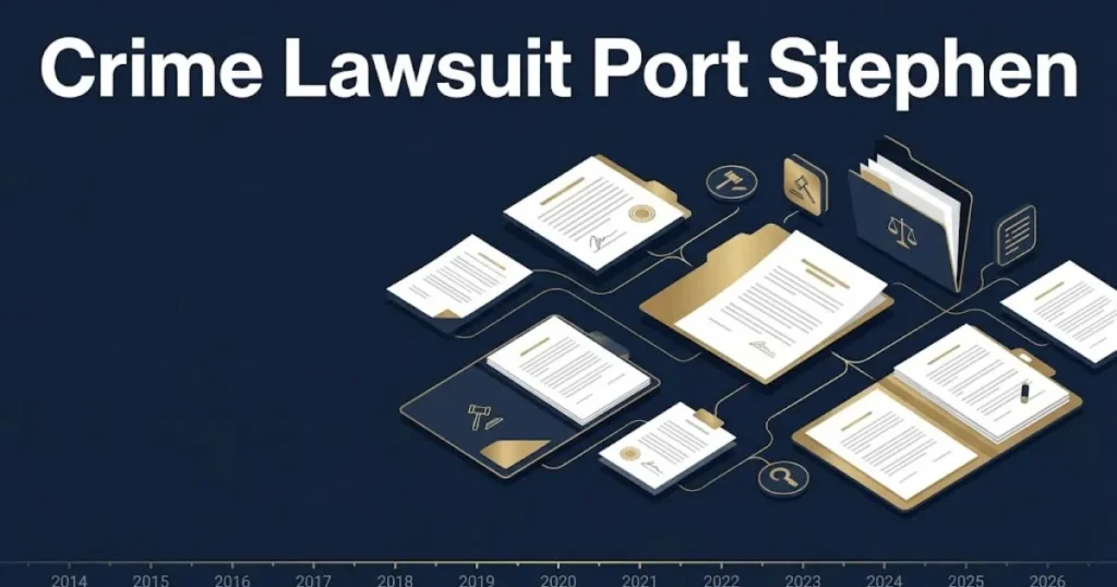Crime lawsuit Port Stephen supporting graphic showing legal documents and investigation timeline in navy and gold