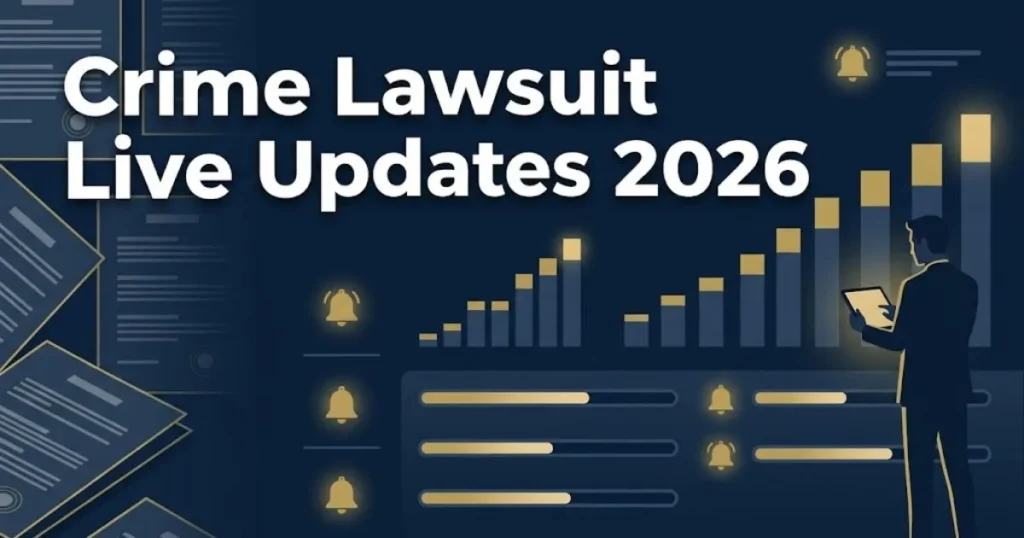 Crime lawsuit live updates 2026 dashboard graphic with tracking icons in navy and gold