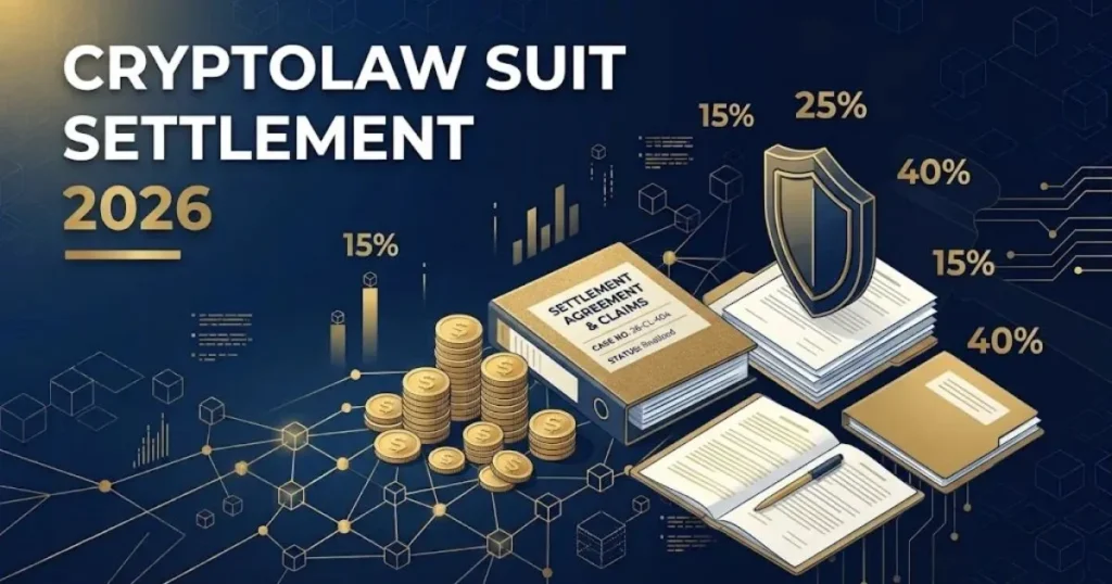 Crypto lawsuit settlement 2026 supporting graphic with gold coins and legal documents on navy background