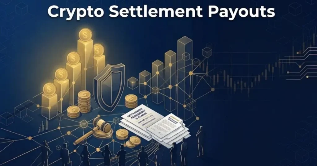 Crypto settlement payouts infographic with bar charts and investor silhouettes in navy and gold tones