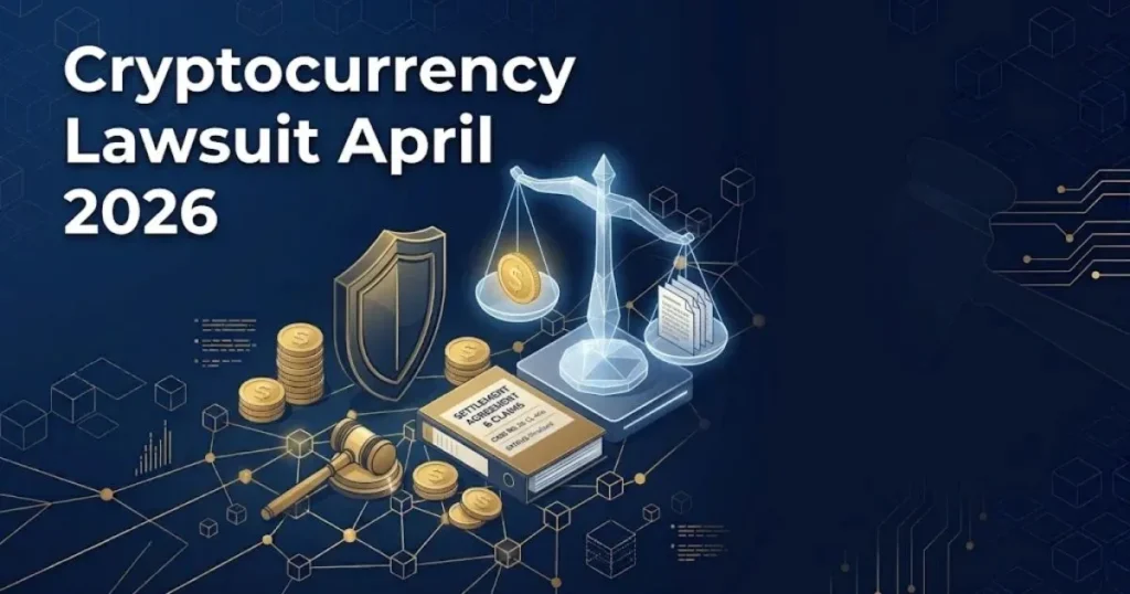 Cryptocurrency lawsuit April 2026 hero banner with digital scales of justice and blockchain nodes on navy background