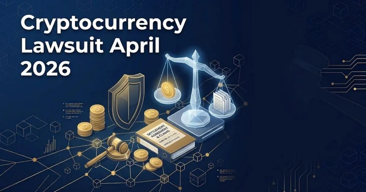 Cryptocurrency lawsuit April 2026 hero banner with digital scales of justice and blockchain nodes on navy background