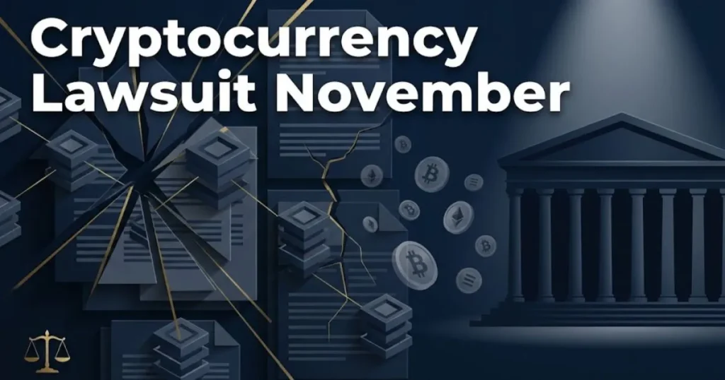 Cryptocurrency lawsuit November banner with blockchain nodes and courthouse silhouette on dark navy background