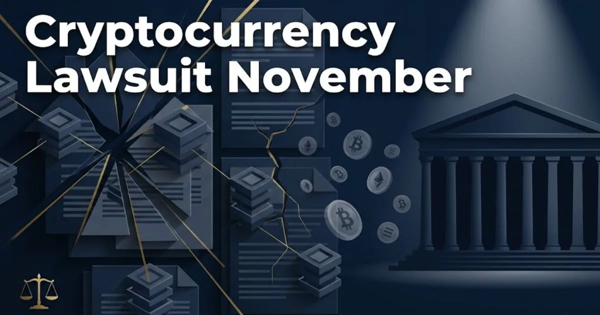 Cryptocurrency lawsuit November banner with blockchain nodes and courthouse silhouette on dark navy background