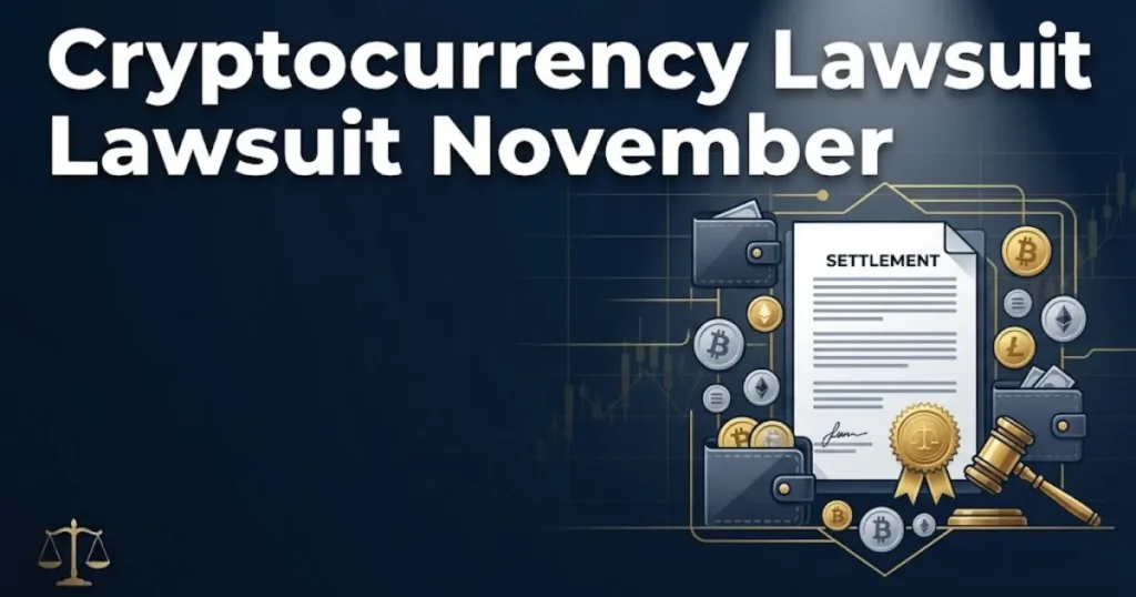 Cryptocurrency lawsuit November settlement graphic with document, gavel, and digital wallet icons on navy background