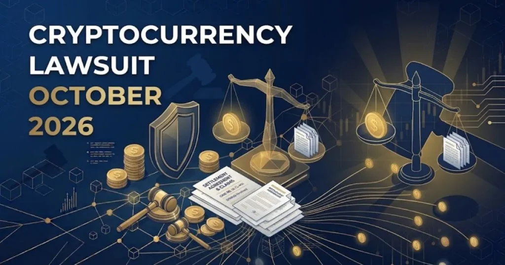 Cryptocurrency lawsuit October 2026 hero banner with blockchain and legal gavel graphics in navy and gold
