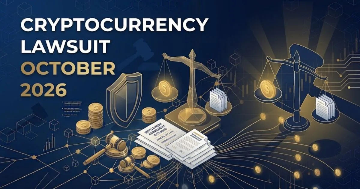 Cryptocurrency lawsuit October 2026 hero banner with blockchain and legal gavel graphics in navy and gold