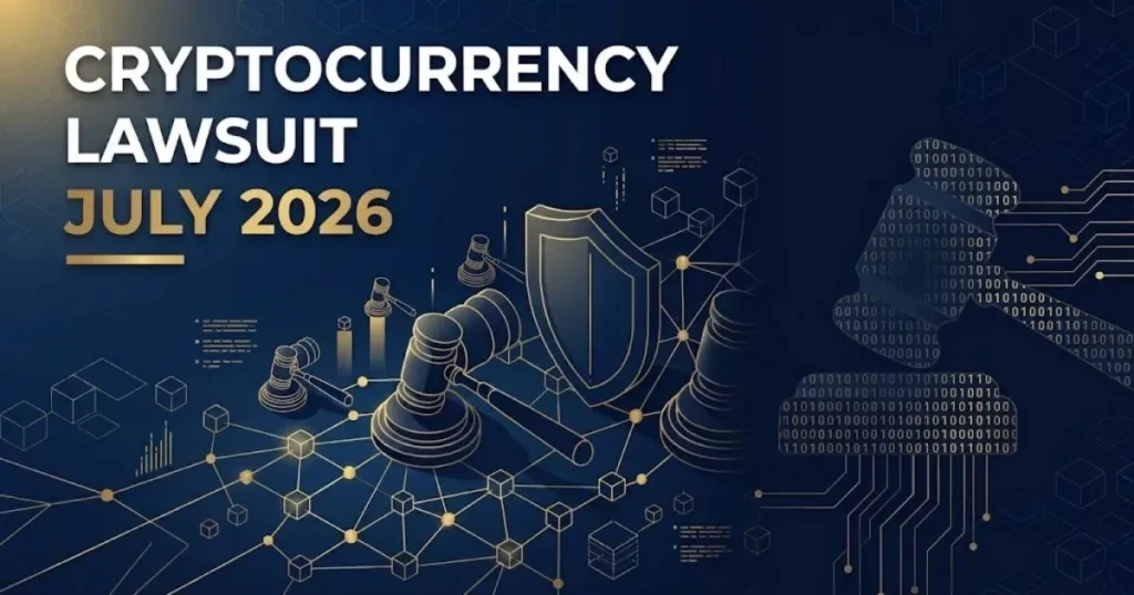 Cryptocurrency lawsuit july 2026 hero banner with blockchain graphics and gavel silhouette on navy background
