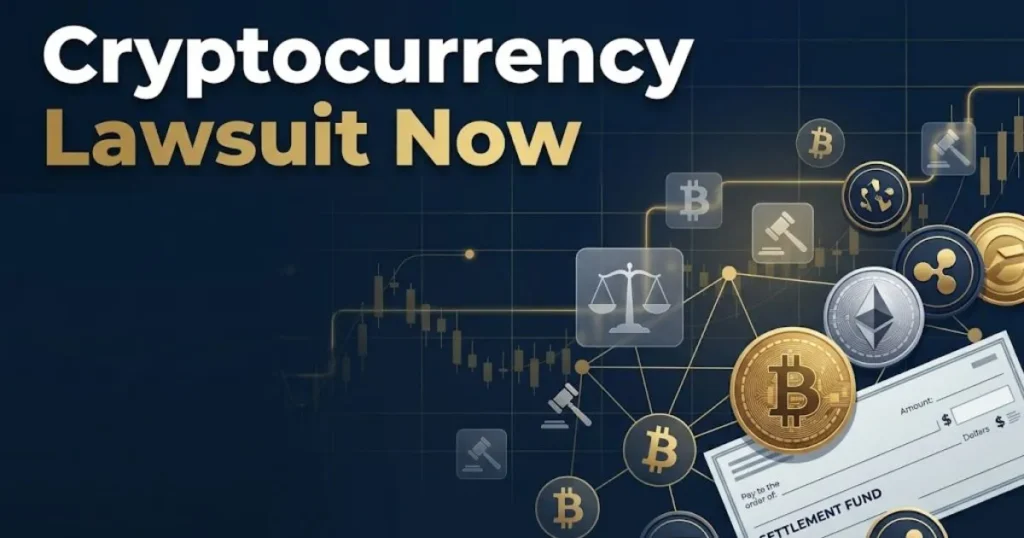Cryptocurrency lawsuit now hero banner with blockchain nodes and legal symbols on navy background