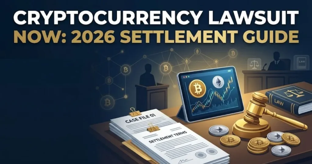 Cryptocurrency lawsuit now settlement guide illustration with legal documents and crypto coins on navy desk