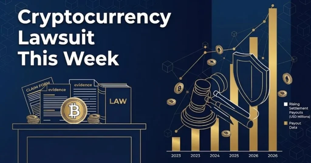 Cryptocurrency lawsuit this week supporting graphic with settlement data visualization and legal document icons
