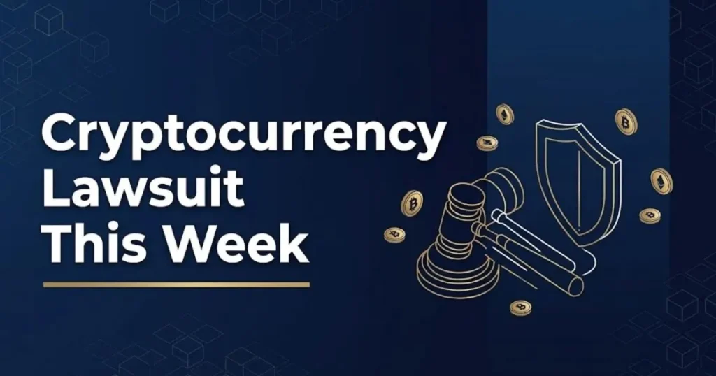 Cryptocurrency lawsuit this week hero banner with legal symbols and blockchain grid on navy background
