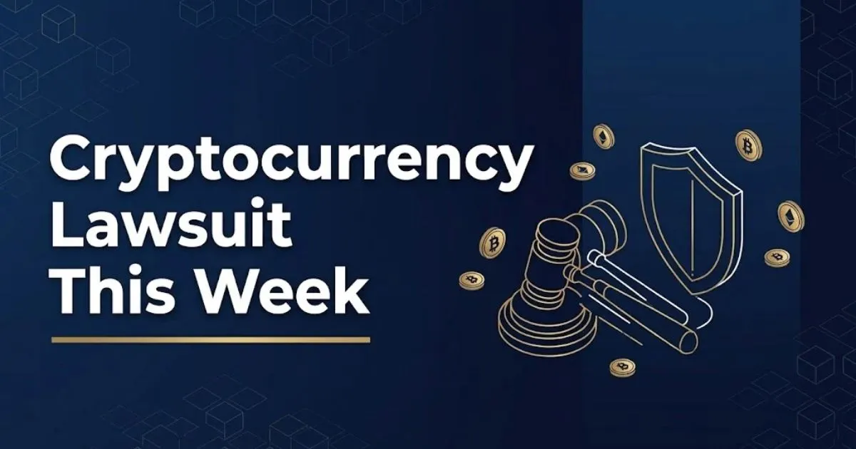 Cryptocurrency lawsuit this week hero banner with legal symbols and blockchain grid on navy background