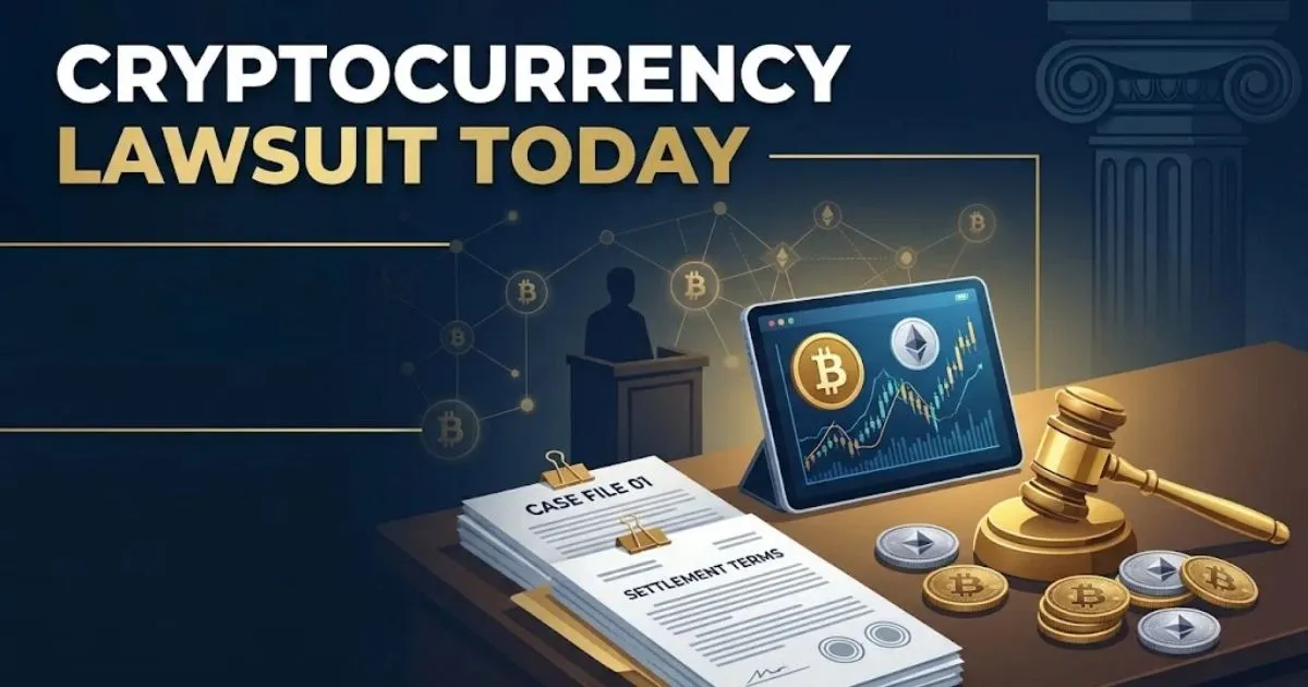 Cryptocurrency lawsuit today hero banner with blockchain and courthouse imagery on navy background