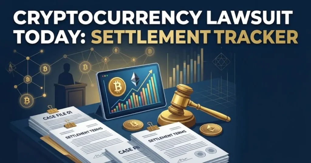 Cryptocurrency lawsuit today settlement tracker graphic with legal documents and data charts