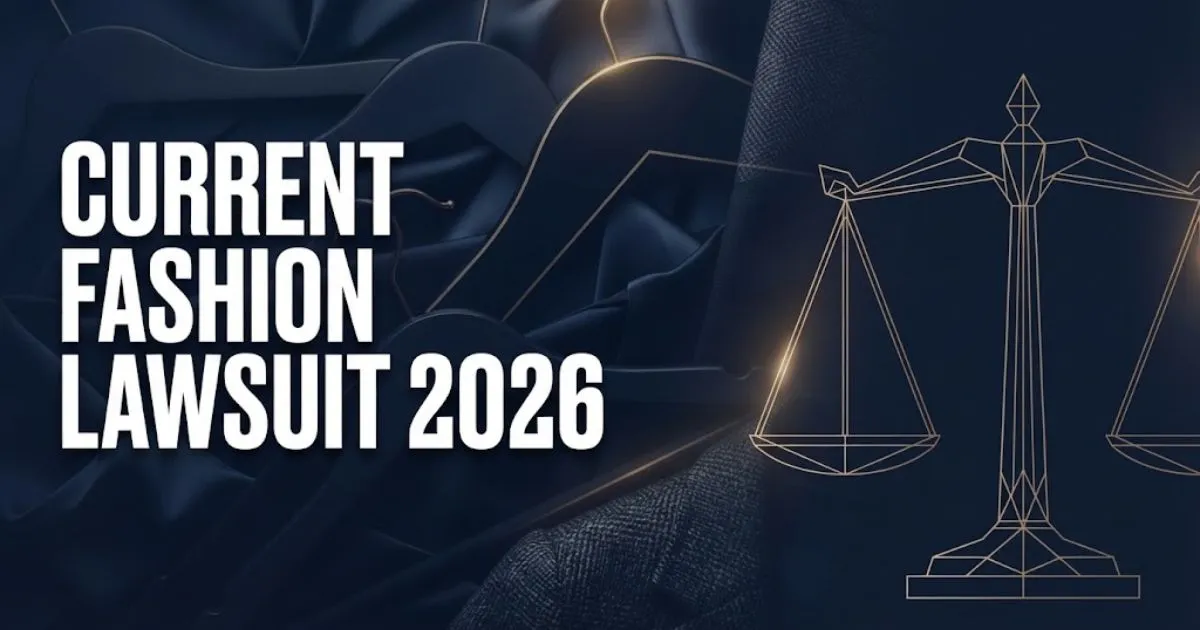 Current fashion lawsuit 2026 hero banner with legal scales and clothing imagery on navy background