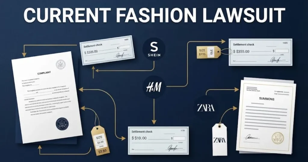 Current fashion lawsuit settlement graphic with court documents and clothing tags on navy background