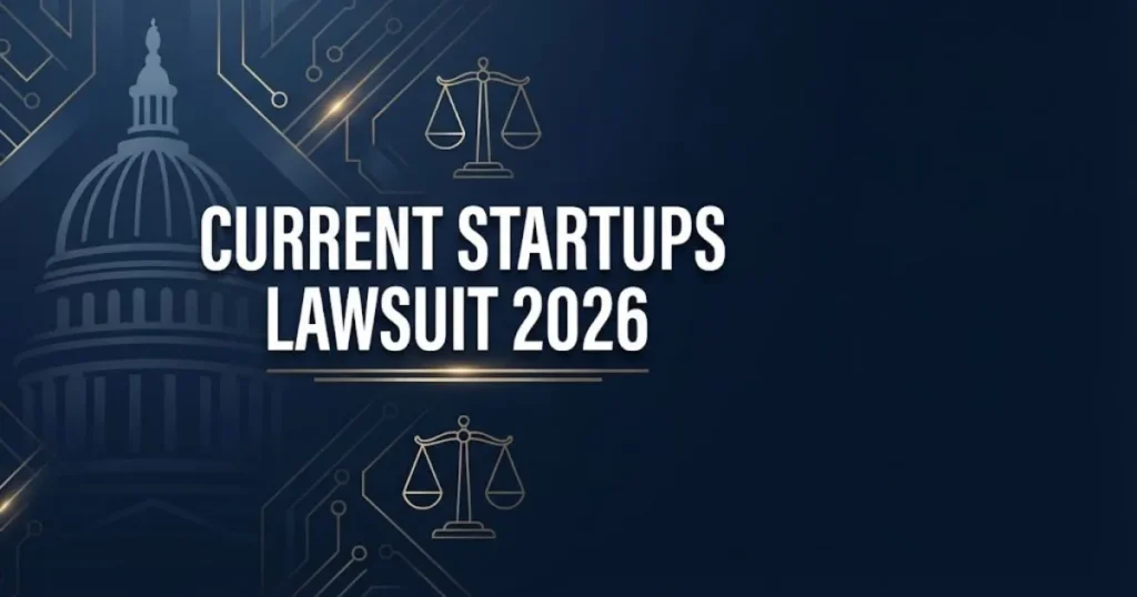 Current startups lawsuit 2026 hero banner with legal scales and digital circuit design on navy background