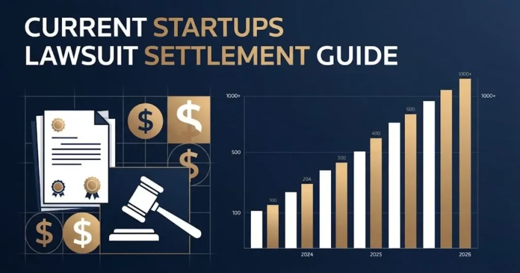 Current startups lawsuit settlement guide infographic with filing data chart and legal document icons