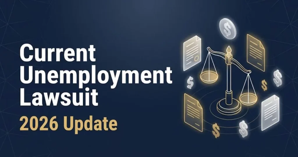 Current unemployment lawsuit 2026 hero banner with scales of justice and settlement details on navy background