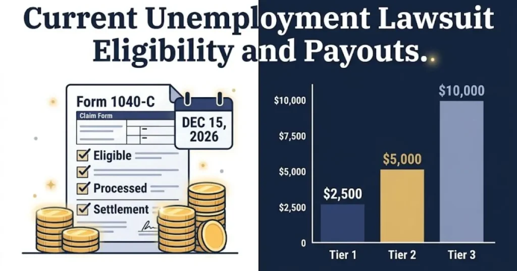 Current unemployment lawsuit eligibility and payout tiers infographic with claim form icons and bar chart