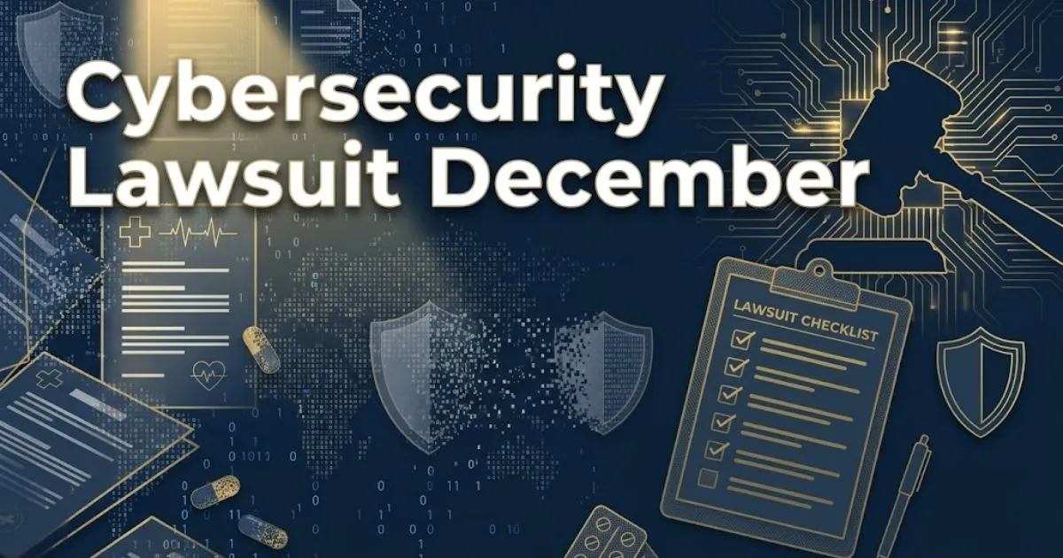 Cybersecurity lawsuit December hero banner with digital data breach imagery and legal gavel silhouette on navy background