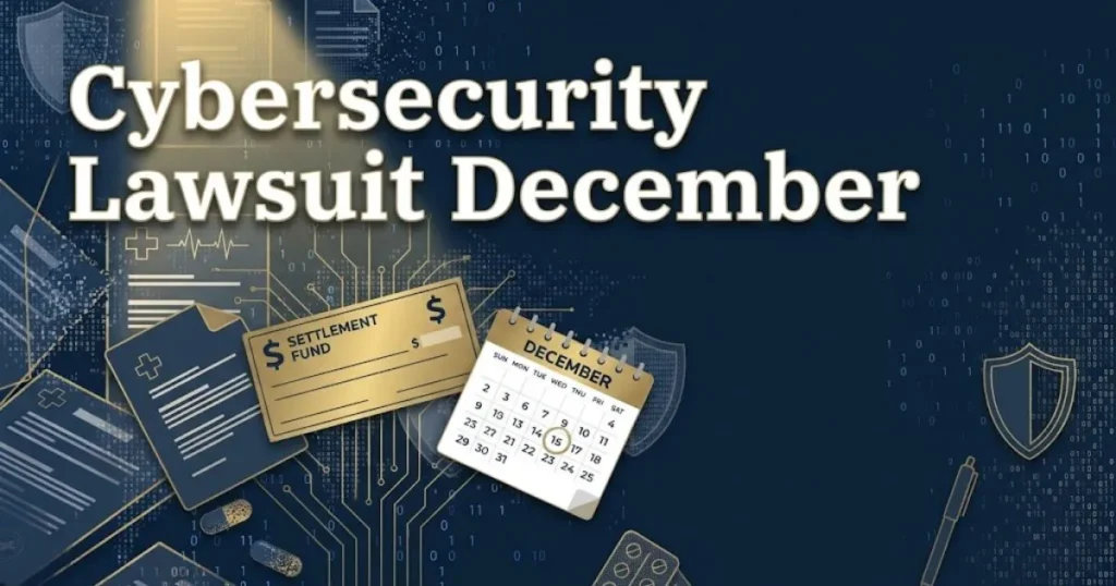 Cybersecurity lawsuit December settlement graphic with document icons, check illustration, and deadline calendar on navy background