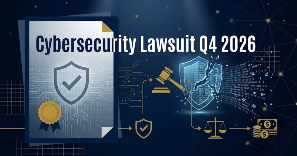 Cybersecurity lawsuit Q4 2026 hero banner with cracked digital shield and data breach network imagery
