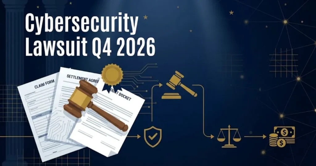 Cybersecurity lawsuit Q4 2026 settlement graphic with gavel and digital claim documents on dark background