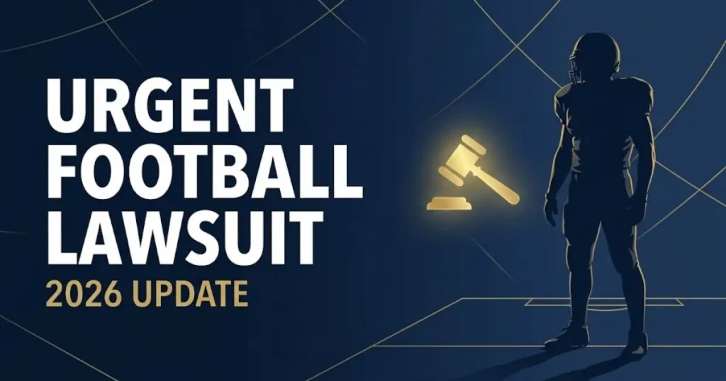 Dark navy banner with bold white text reading urgent football lawsuit 2026 next to a football player silhouette and golden gavel icon