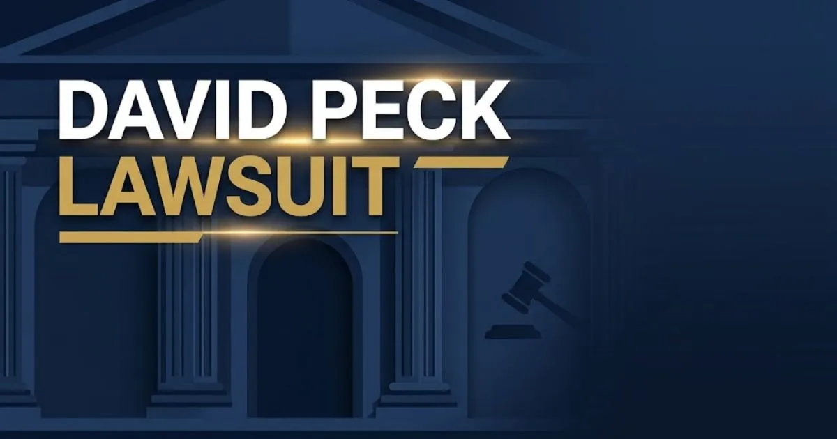 David Peck Lawsuit hero banner with courthouse silhouette and gold text on navy background