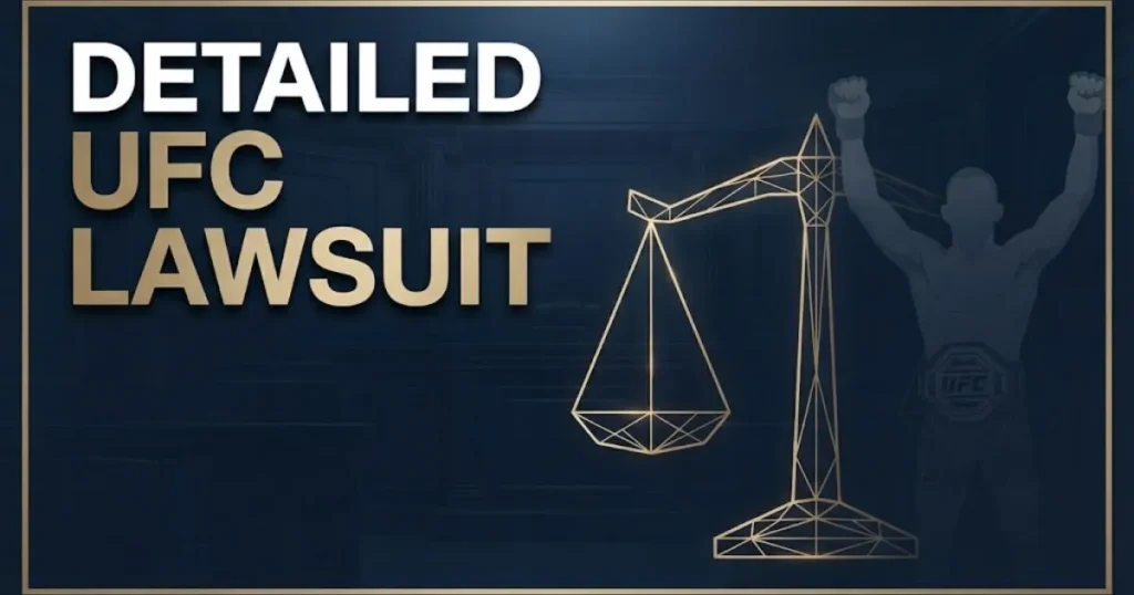 Detailed UFC lawsuit hero banner with gold scales of justice and fighter silhouette on navy background