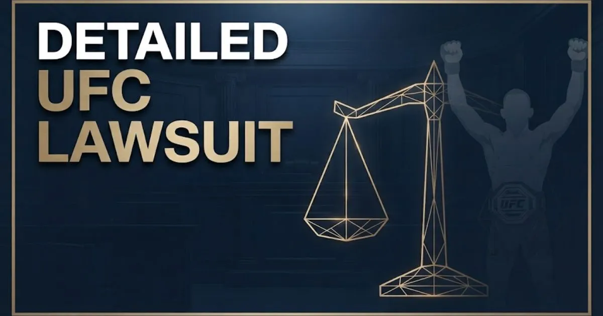 Detailed UFC lawsuit hero banner with gold scales of justice and fighter silhouette on navy background