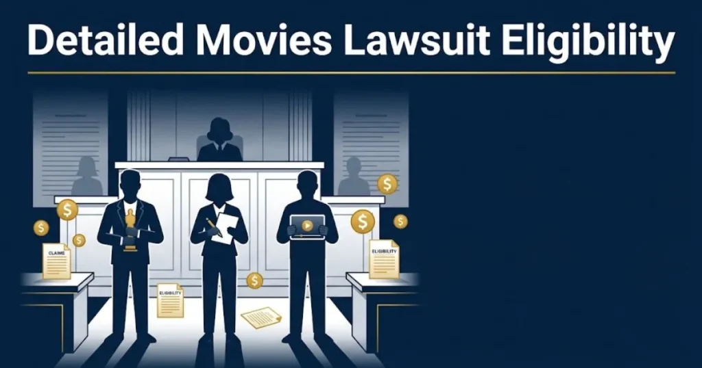 Detailed movies lawsuit eligibility graphic with courtroom silhouettes and settlement document icons
