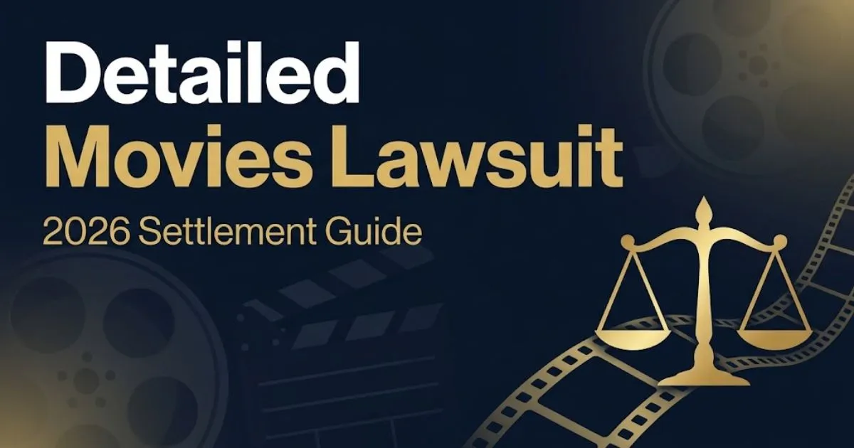 Detailed movies lawsuit hero banner with gold scales of justice and film strip icons on navy background