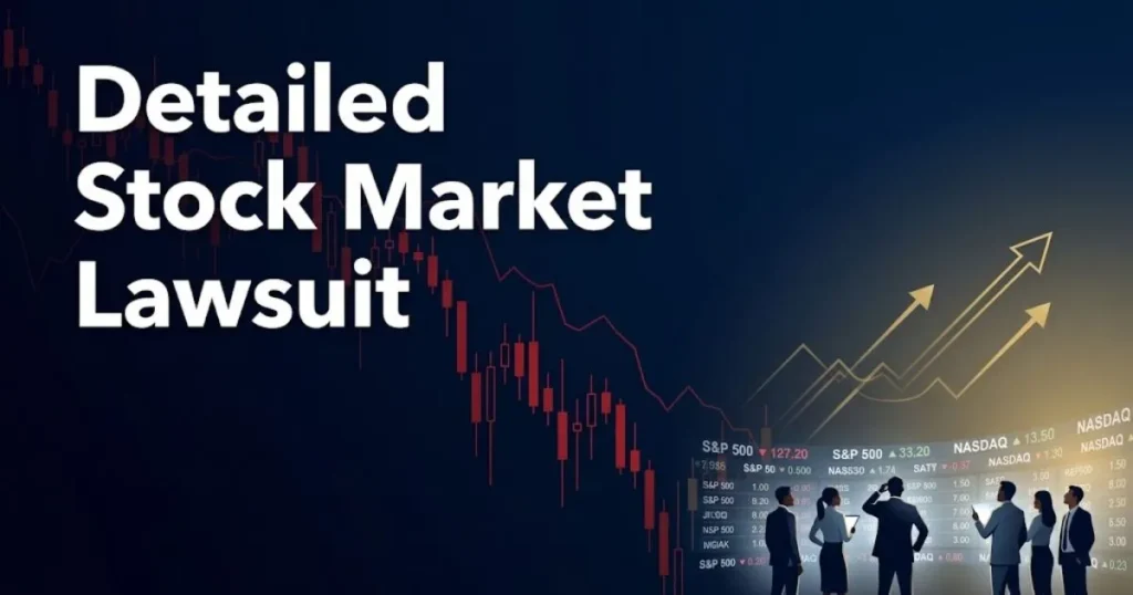 Detailed stock market lawsuit hero banner with stock chart graphics and investor silhouettes on navy background