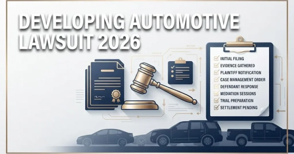 Developing automotive lawsuit 2026 supporting graphic with legal documents and vehicle icons