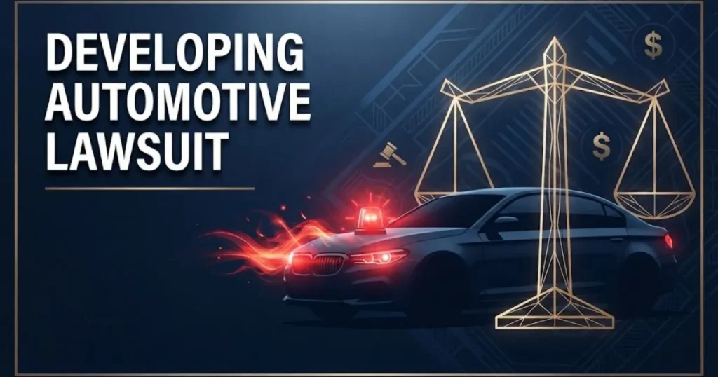 Developing automotive lawsuit hero banner with car silhouette and justice scales in navy and gold