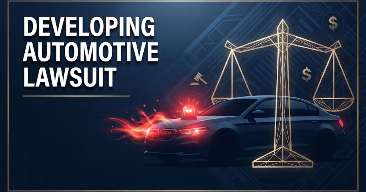 Developing automotive lawsuit hero banner with car silhouette and justice scales in navy and gold