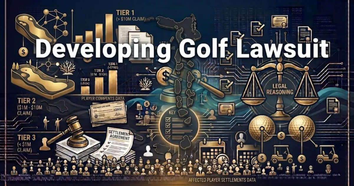 Developing golf lawsuit hero banner with legal scales and golf course silhouette on navy background