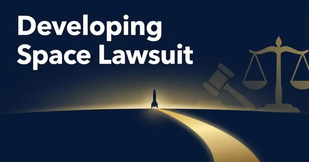 Developing space lawsuit hero banner with rocket launch silhouette and legal symbols in navy and gold