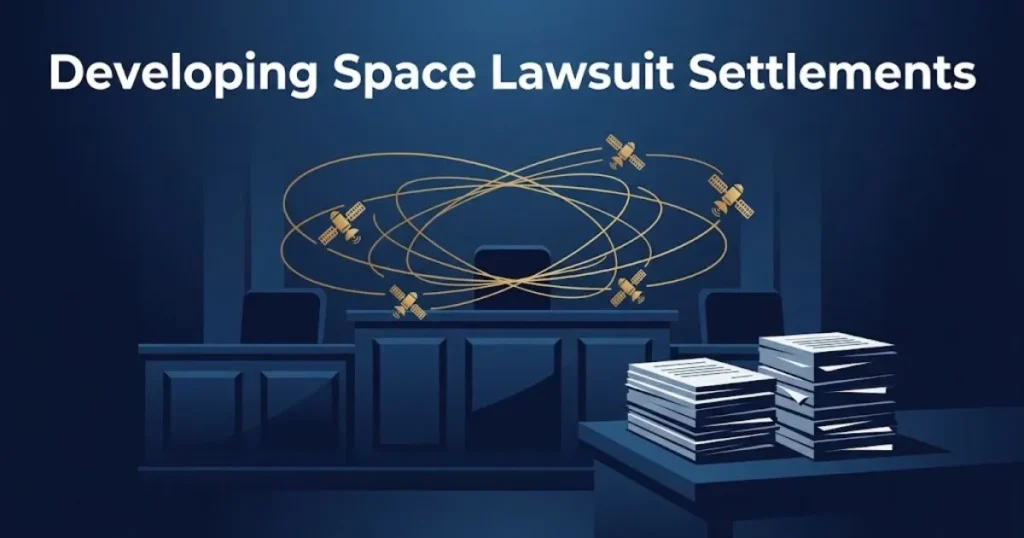 Developing space lawsuit settlements graphic with courtroom and orbital elements in navy and gold