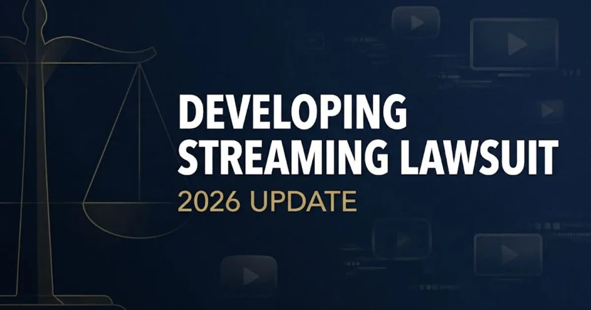 Developing streaming lawsuit hero banner with legal scales and streaming icons on navy background