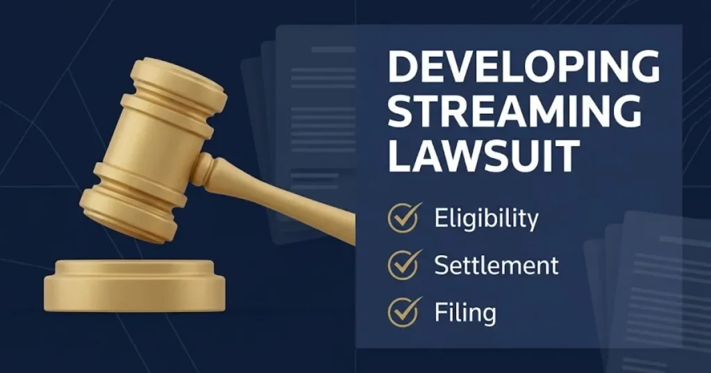 Developing streaming lawsuit infographic with gavel and eligibility checkmarks on navy background