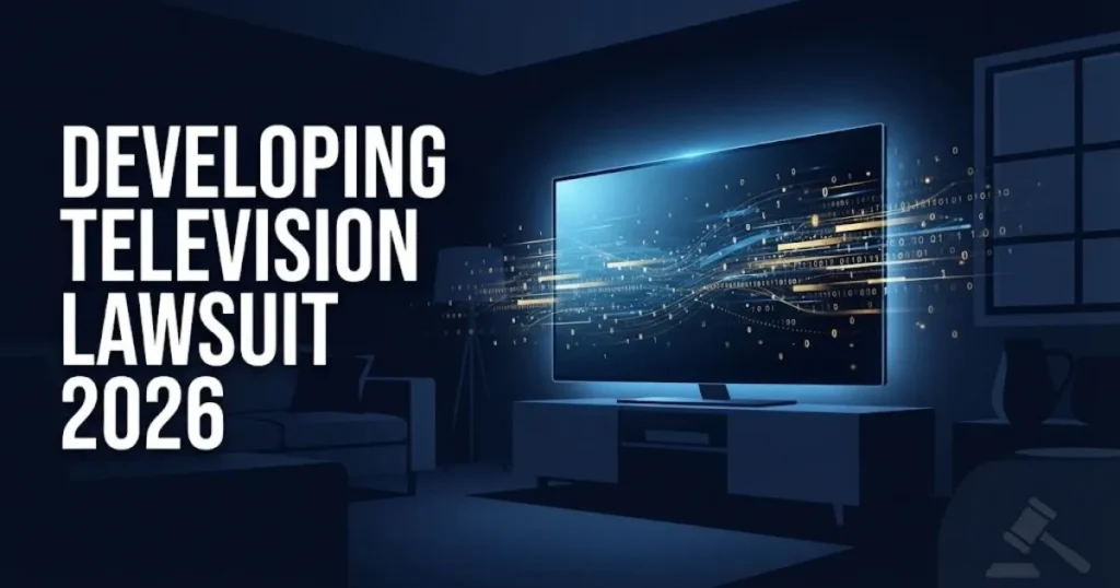 Developing television lawsuit 2026 hero banner with smart TV data privacy theme in navy and gold