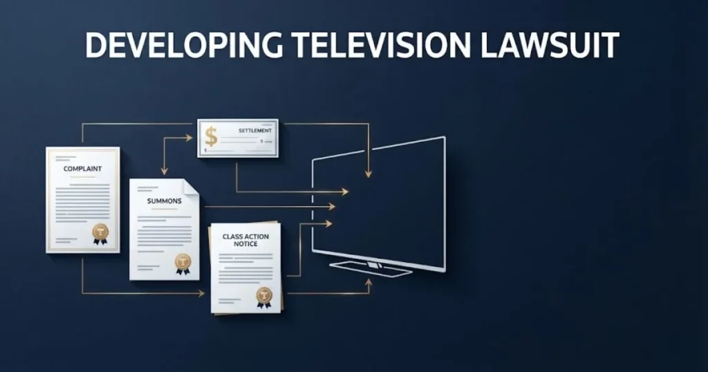 Developing television lawsuit settlement and eligibility graphic with legal documents and smart TV icons