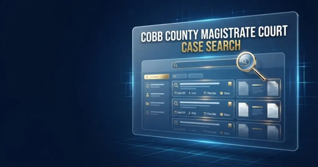 Digital search interface graphic with cobb county magistrate court case search title and abstract document results in navy and gold